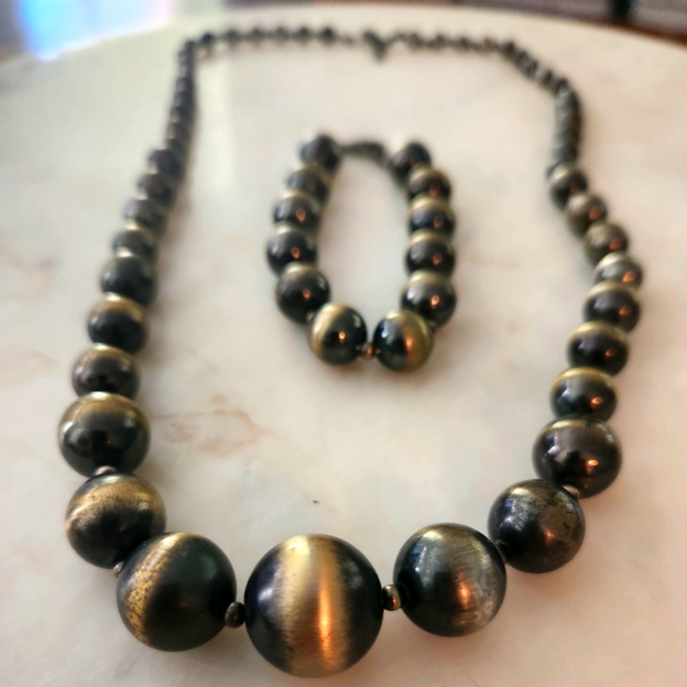 Vintage Alabaster 24” Necklace and matching 8" With Brass Toned Beads